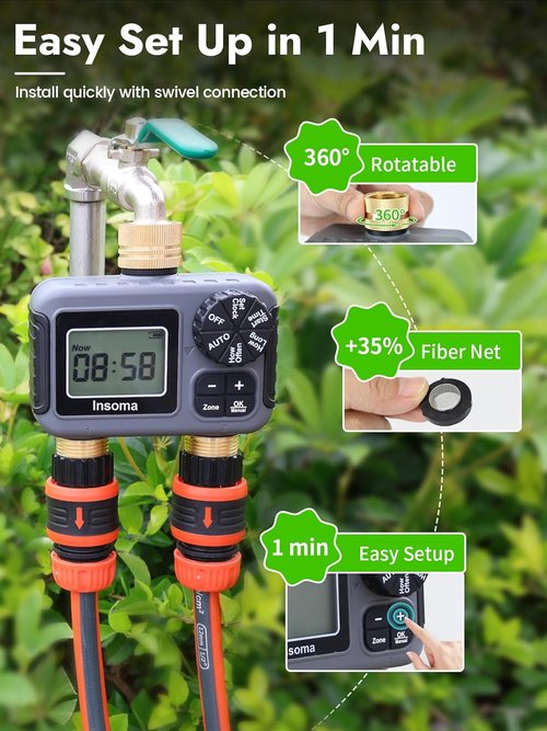 Insoma 2-Zone Water Timer - Programmable Brass Hose Faucet Timer with Auto/Manual Modes | Waterproof Garden Sprinkler System