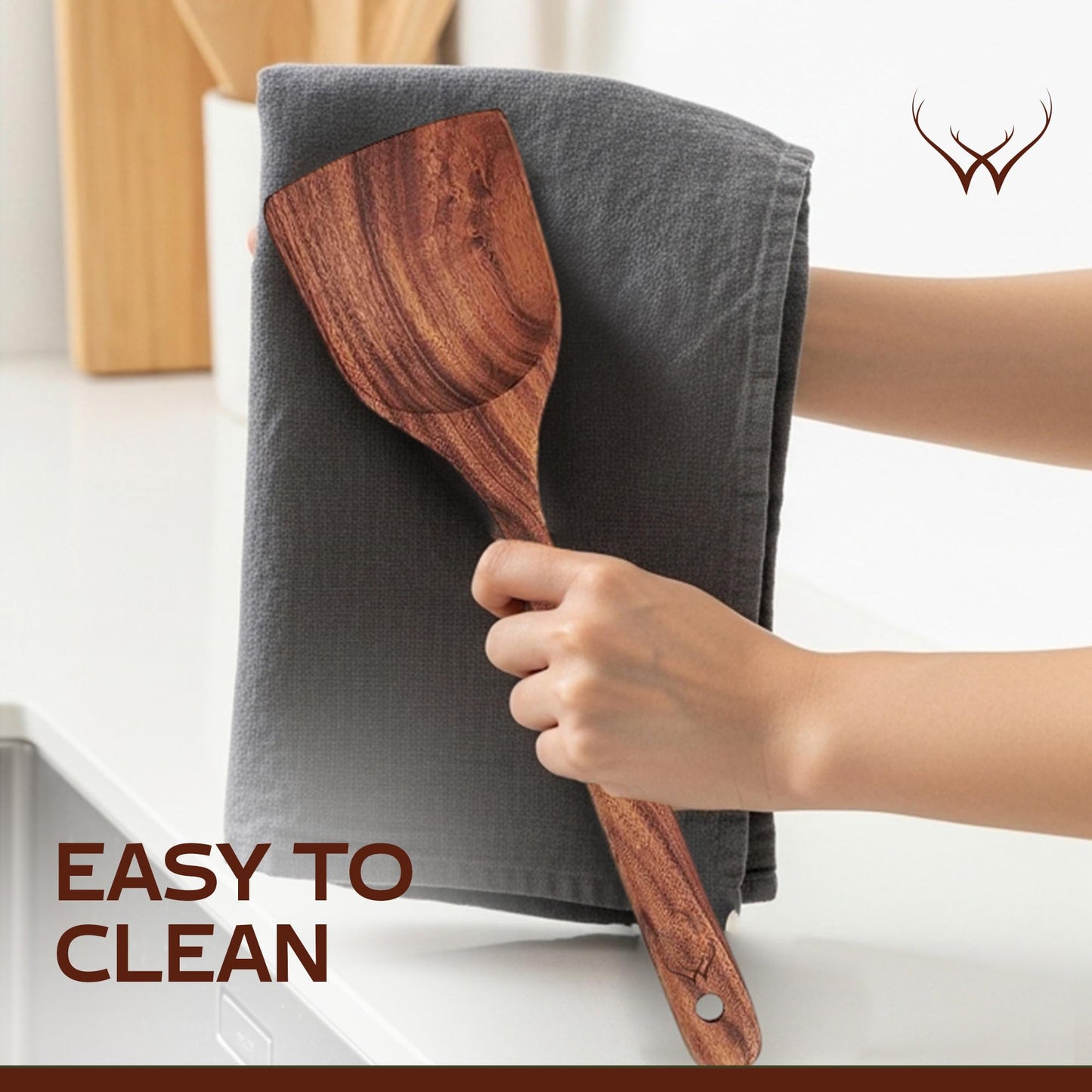 7 Pcs Teak Wooden Kitchen Utensils – Handcrafted Wooden Cooking Utensils Set with Holder, Elegant Wooden Spoons for Cooking & Timeless Utensil Set for Daily Use - Teak Utensils Set for Cooking