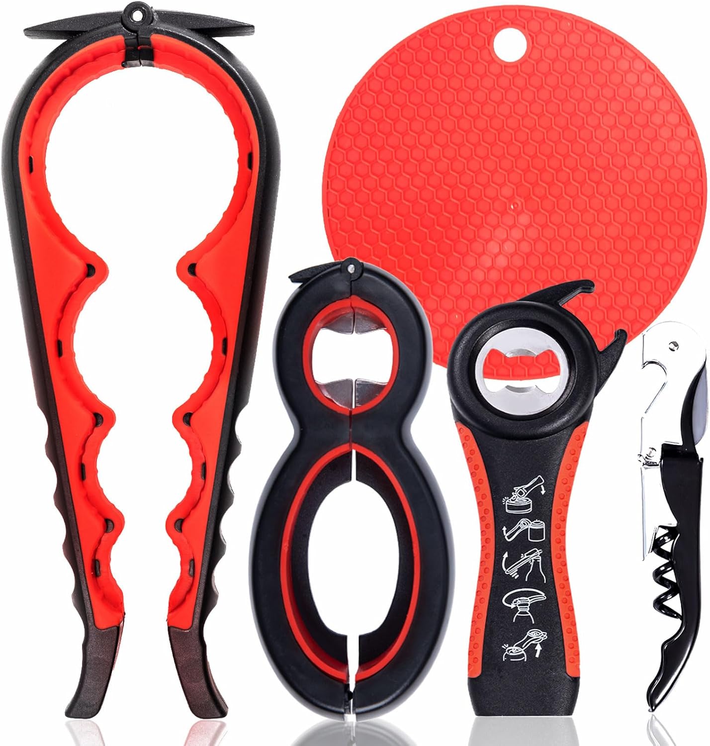 Skiennix Jar Opener Set - 5 Pack Multi-Functional Kitchen Tools for Weak Hands | Silicone Handle (Red)