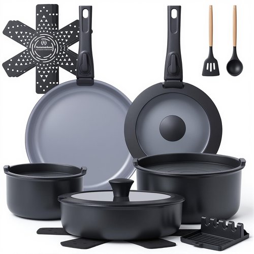Ammeloo 18 Pcs Ceramic Pots and Pans Set Non Stick Kitchen Cookware Set with Detachable Handle, Non Toxic Cooking Set with Removable Handle for RVs, Camping, Fridge, Dishwasher/Oven Safe