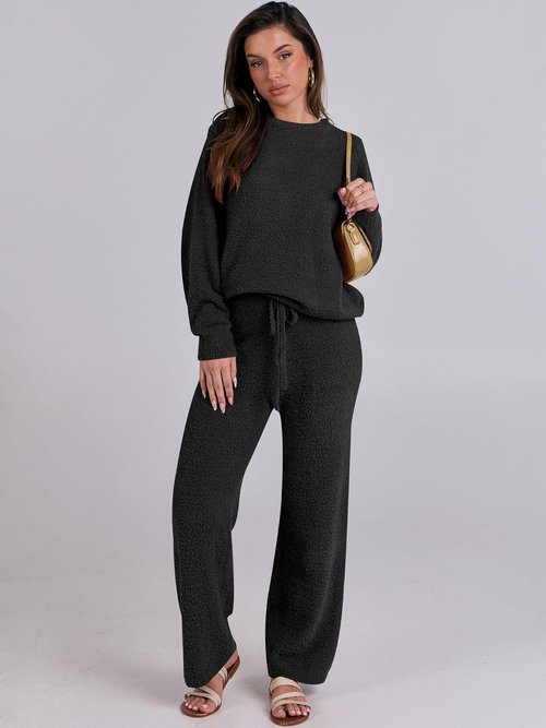ANRABESS Women's Fuzzy Fleece Pajama Set - Cozy Long Sleeve Top & Wide Leg Pants | Fall Winter 2025