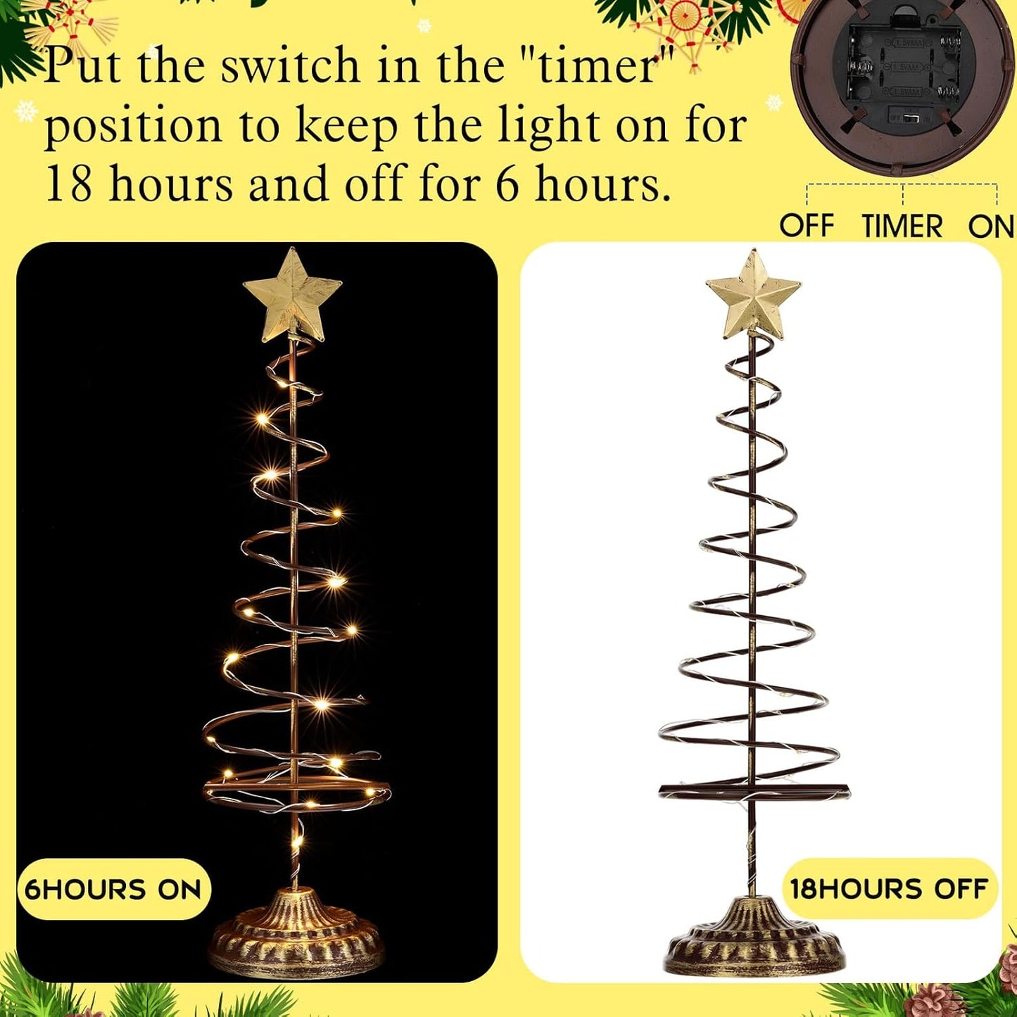 Skiennix Lighted Christmas Tree Table Decoration - Set of 2 Prelit Mini Trees with Golden Star | Battery Operated, Gold