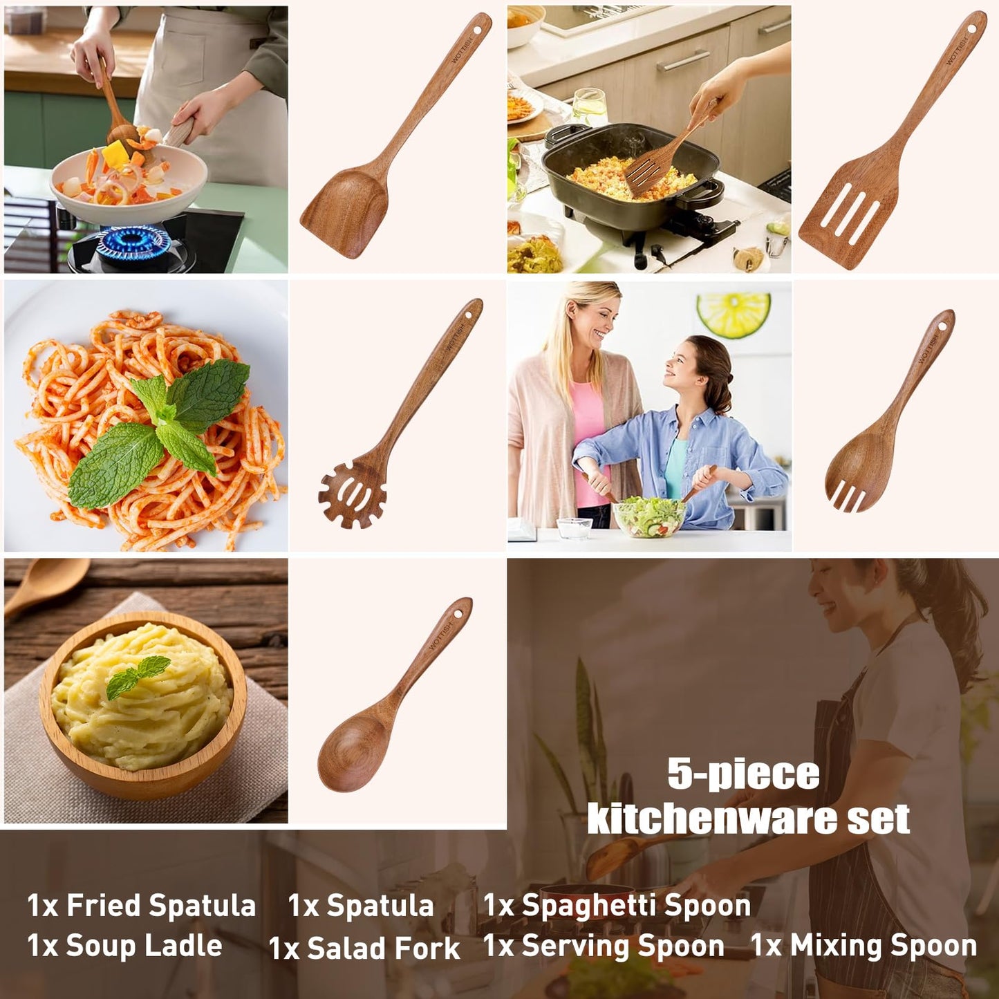 Wooden Spoons for Cooking,Wooden Cooking Utensil Set,10-Piece Wooden Kitchen Utensil Set with Wooden Spoons(A10)