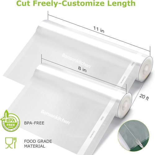 Bonsenkitchen Vacuum Sealer Rolls - 6 Pack of 11" x 20" & 8" x 20" BPA-Free Bags for Food Storage & Sous Vide