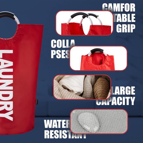 Caroeas 100L Laundry Basket - Durable Red Hamper with Padded Handles | Collapsible & Free-Standing Design