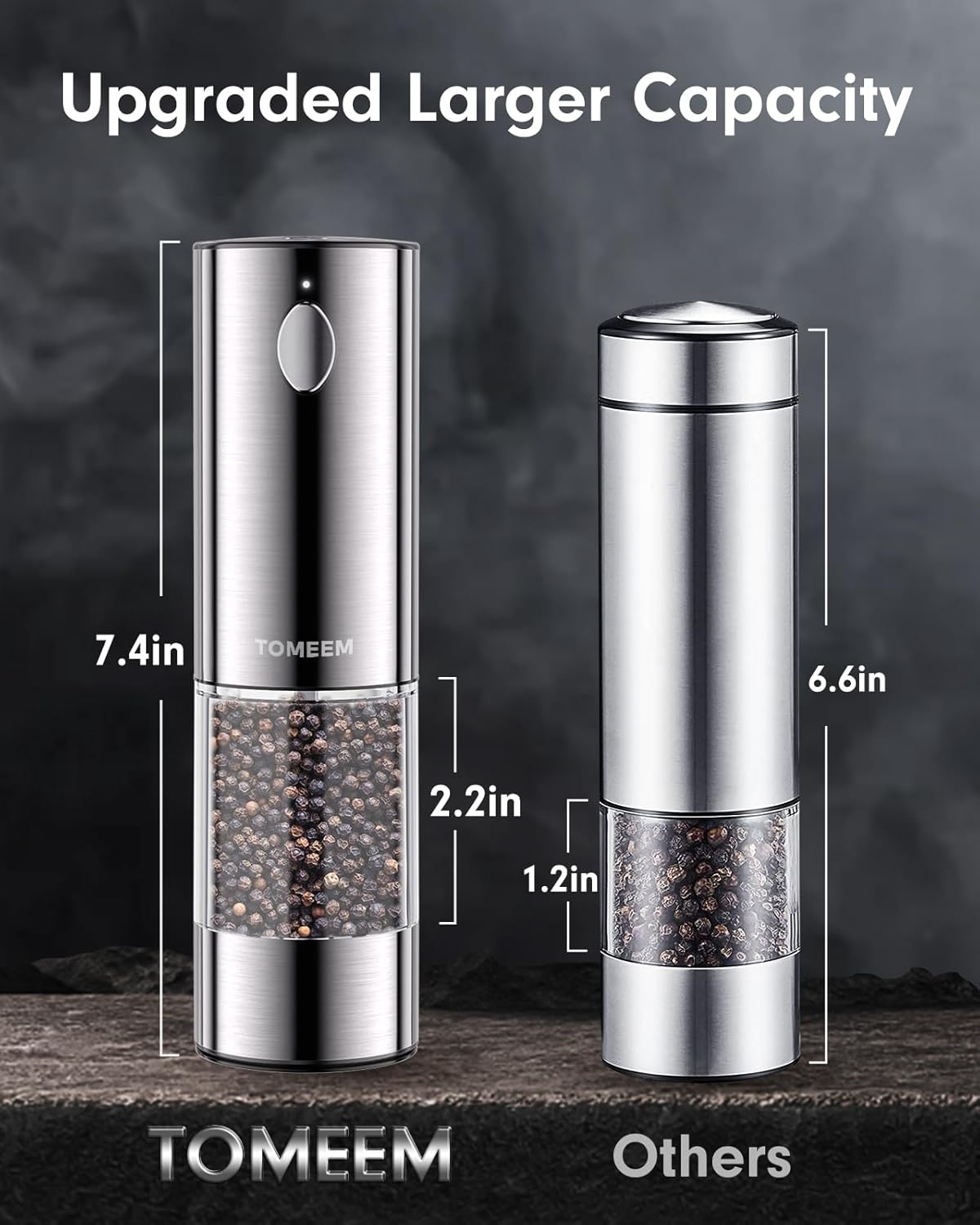 TOMEEM Electric Salt and Pepper Grinder Set - Rechargeable, Stainless Steel with LED Lights | 5 Adjustable Coarseness