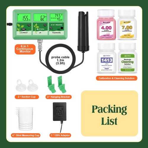 EZTOCH pH EC Continuous Monitor for Hydroponic, 6 in 1 WiFi EC PPM CF pH Meter, Digital pH TDS Temp Humidity Conductivity Monitor for DWC Hydroponic System, Aeroponic Gardening, Aquaponic