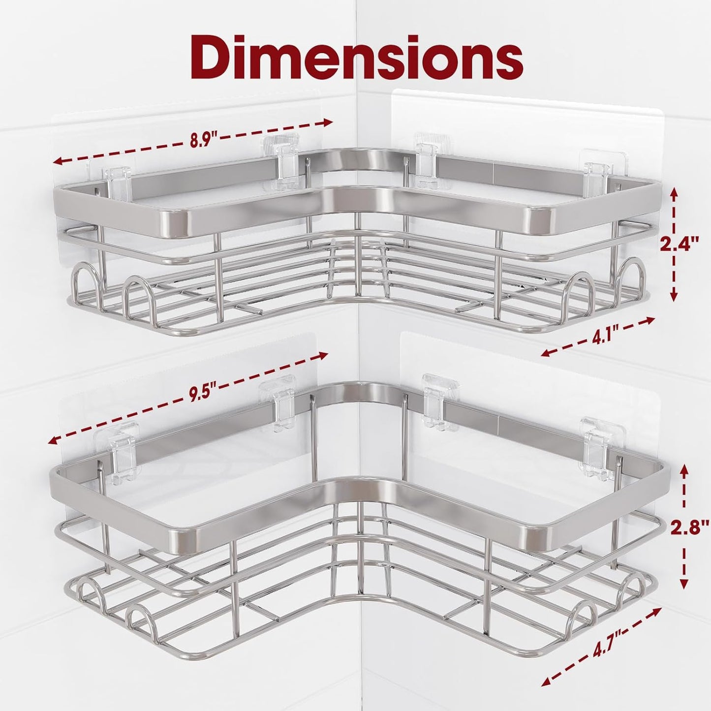 Sakugi Corner Shower Caddy - Rustproof Stainless Steel Organizers with 8 Hooks | No Drilling, Space-Saving, Silver, 2 Pack