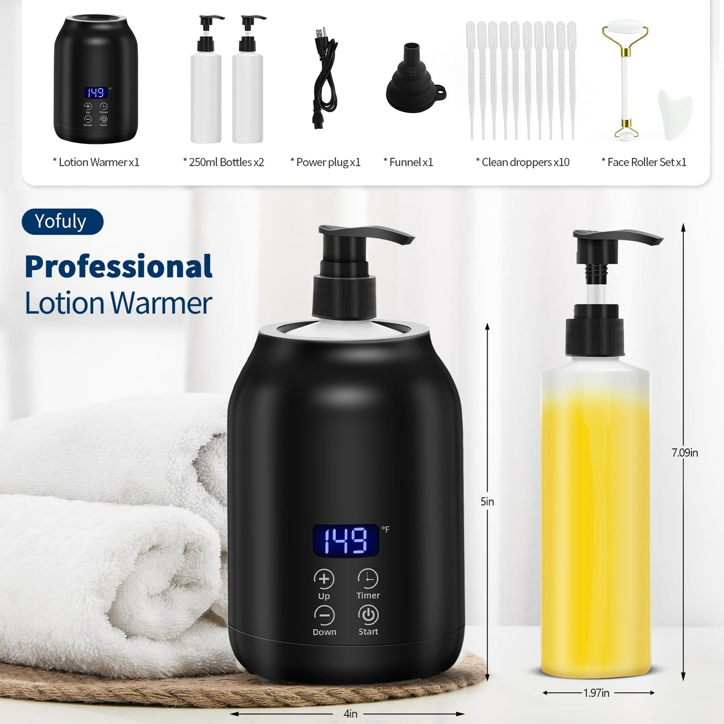 Massage Oil Warmer with Gua Sha Roller Set, Yofuly Professional Oil Warmer for Massage with Two Dispenser Bottles, Portable Electric Temperature Control Lotion Digital Heater for Spa, Black