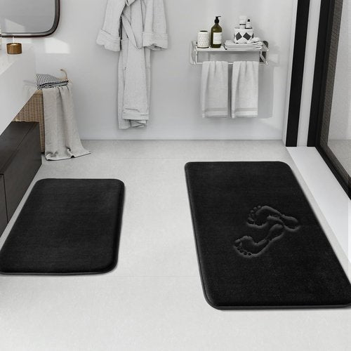 HUXMEYSON Non-Slip Bathroom Rugs Set - Ultra Soft Velvet Bath Mats for Quick Drying | 2-Piece Black Set