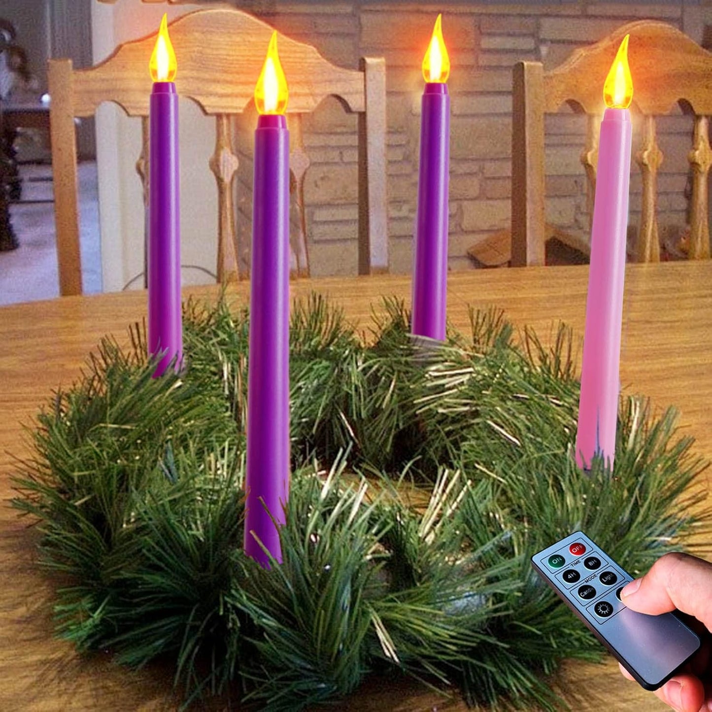 Regine Switzerland Flameless Taper Candles - Set of 4 Battery Operated, Flickering Purple & Pink