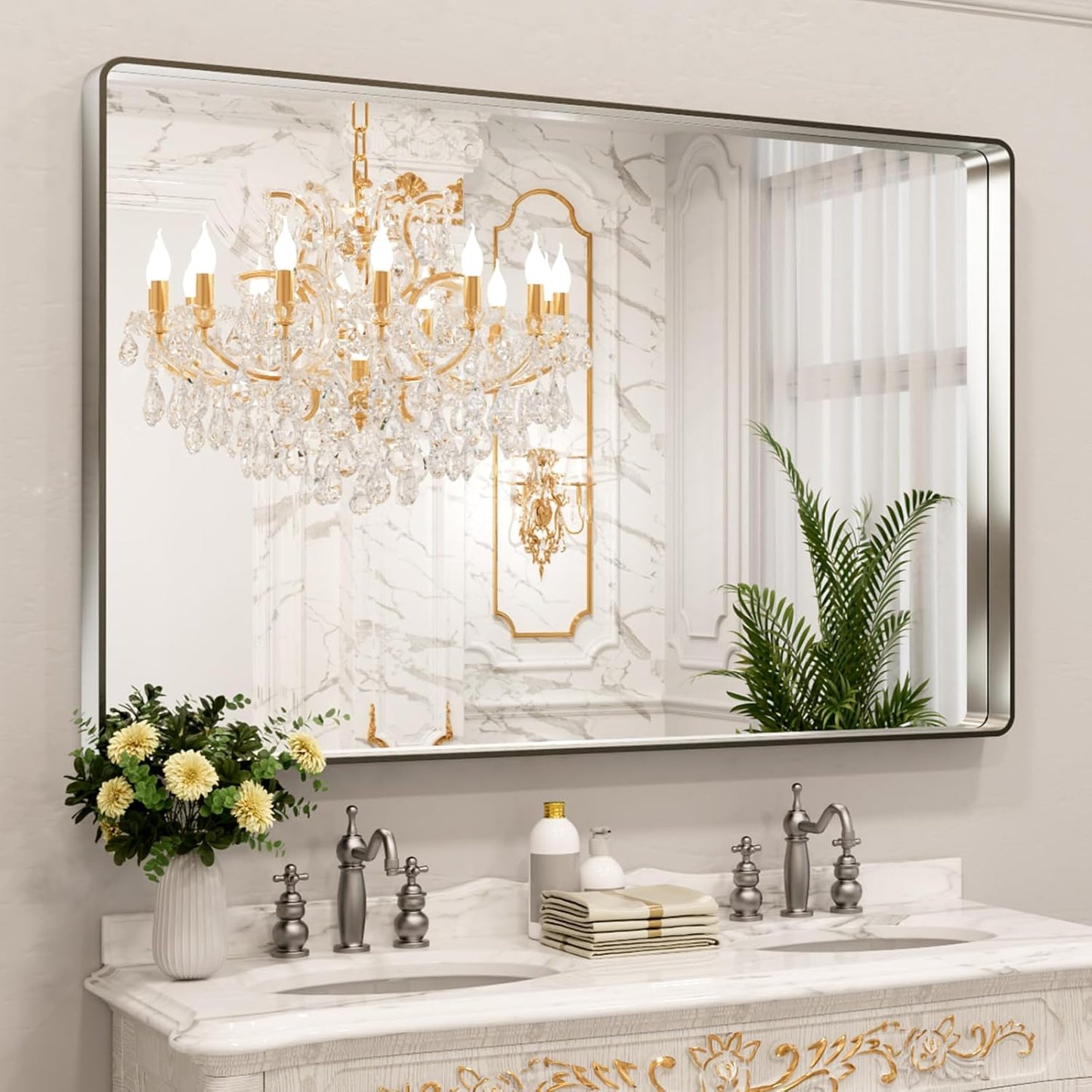 LOAAO Brushed Nickel Bathroom Mirror - 60x40 Inch Rounded Rectangle Design | Anti-Rust, Shatter-Proof, Versatile Hanging Options