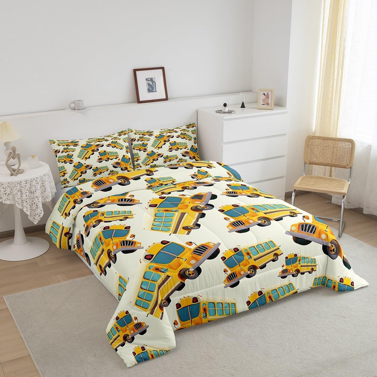 Cartoon Police Car Bedding Set Red Fire Truck Comforter Set for Kids Boys Fire Extinguisher Duvet Set Airplane Comforter 1 Comforter Set with 2 Pillowcases Full Size Boys