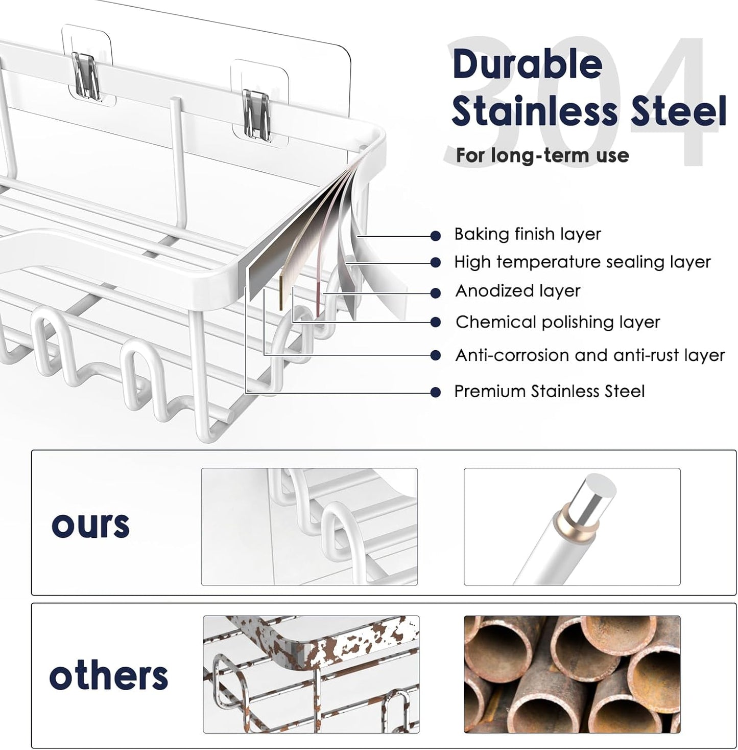 NESOMI Shower Caddy - Rustproof Stainless Steel Organizer with Large Capacity | 8-Pack No-Drill Rack