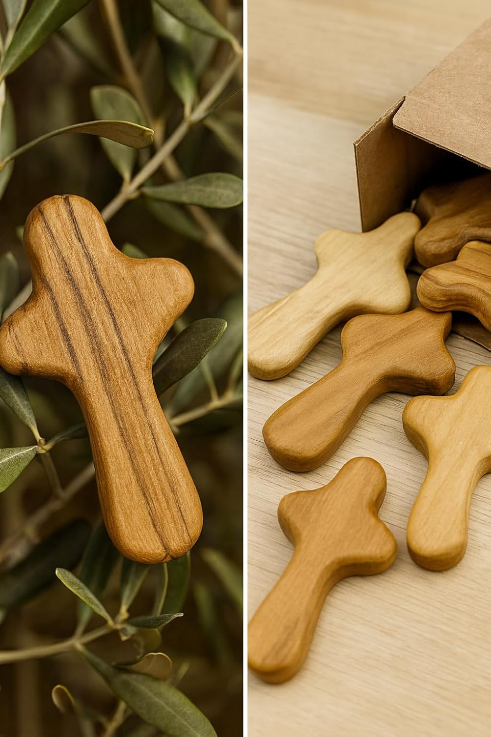 Handmade Olive Wood Crosses Set of 10 – Mini Fidget Pocket Crosses for Prayer & Comfort