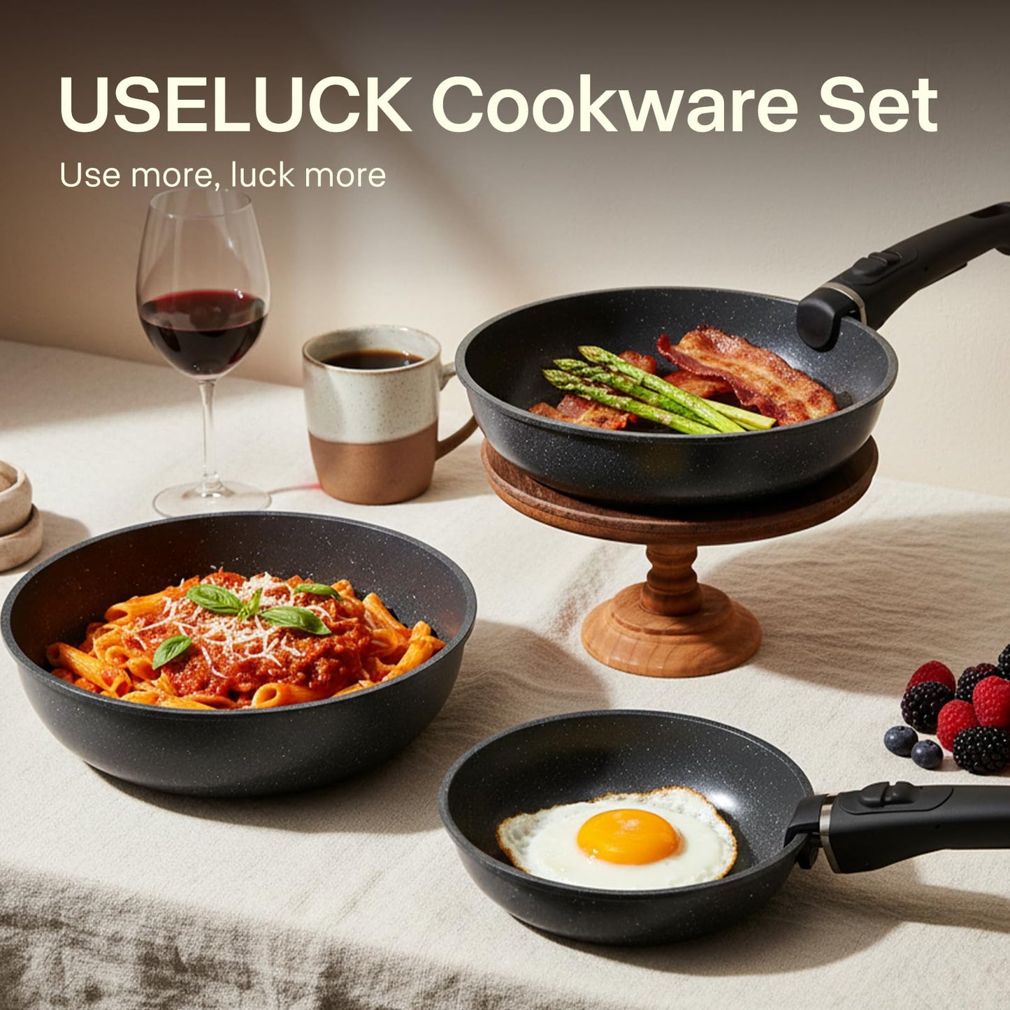 Pots and Pans Set Non Stick, Ceramic Cookware Sets 21 PCS, Granite Induction RV Kitchen Portable Stackable Cooking Set Removable Handles, Dishwasher ＆ Oven Safe, Black
