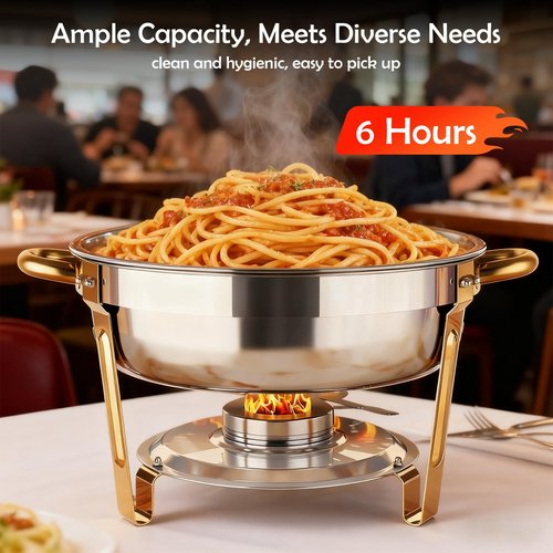 ALSO GO Round Chafing Dishes for Buffet 4 Pack, 6QT Chafing Dishes Buffet Set Gold, Catering Food Warmer for Parties Buffet with Full Size Chafing Pans, Stainless Steel Warming Trays for Thanksgiving