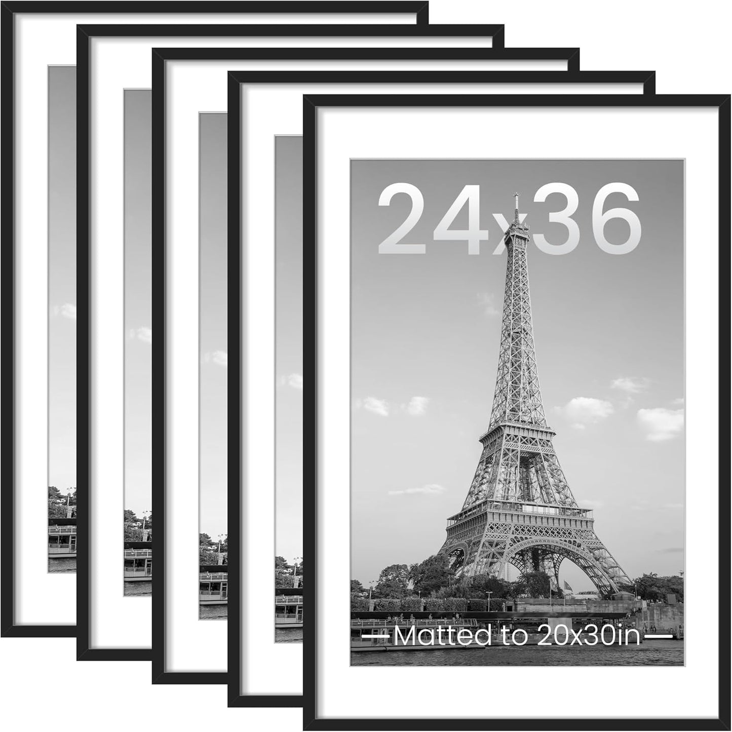 Upsimples 24x36 Picture Frame Set of 5 - Versatile Black Wall Gallery Frames for 20x30 or 24x36 Photos