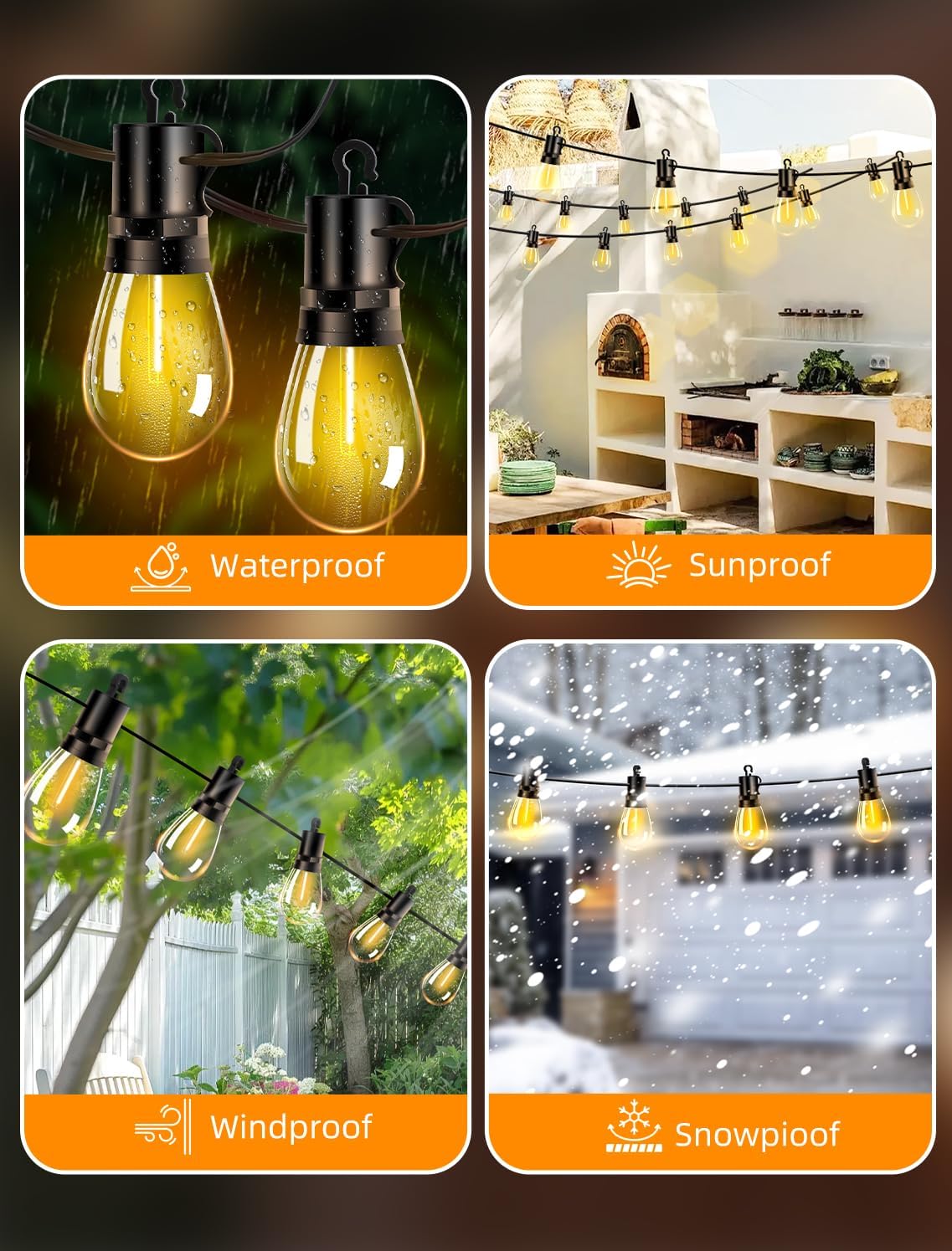 Skiennix Outdoor Patio String Lights - 50Ft Waterproof Shatterproof Bulbs | Remote Dimmable Hanging Lighting