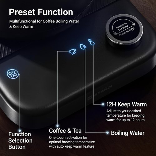 HIYAKOI Gooseneck Electric Kettle - ±1℉ Temperature Control for Perfect Pour Over Coffee & Tea | 0.8L Stainless Steel, 1200W Rapid Heating, 12H Keep Warm
