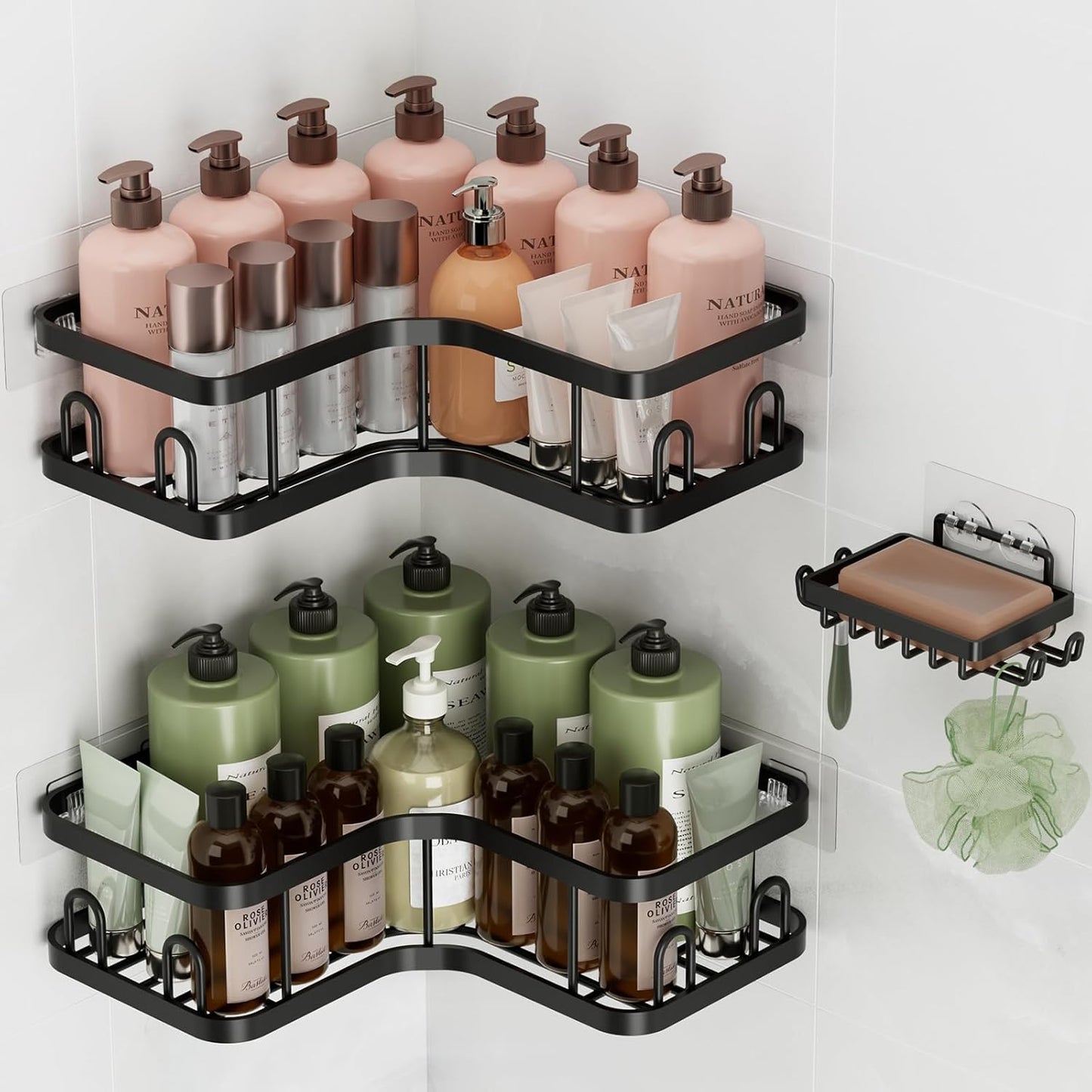 Veken Corner Shower Caddy 3-Pack - Adhesive, No Drilling, Rustproof & Waterproof | Black Bathroom Organizer