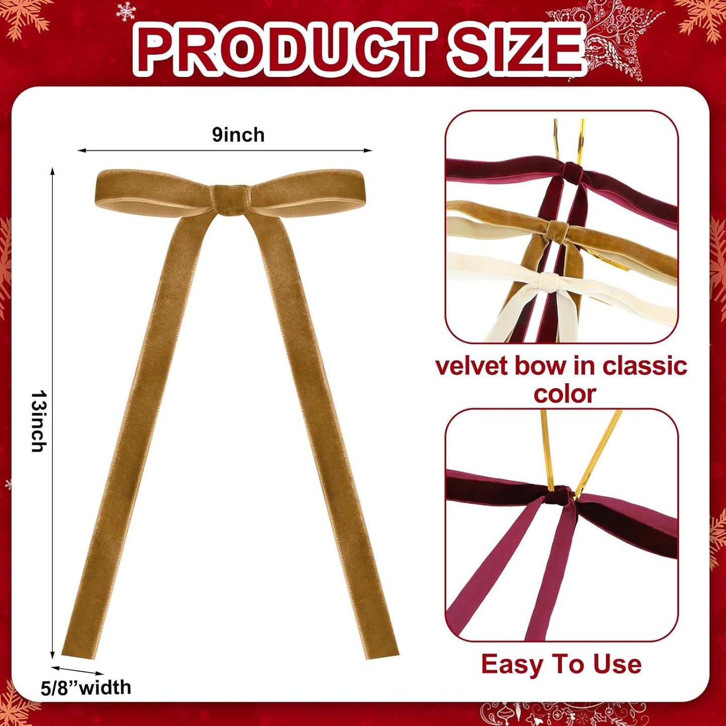 Regine Switzerland Velvet Bows - 24 Pcs Vintage Ribbon Bows for Christmas Tree & Crafts | Burgundy, Khaki, Beige (9 x 13 Inch)