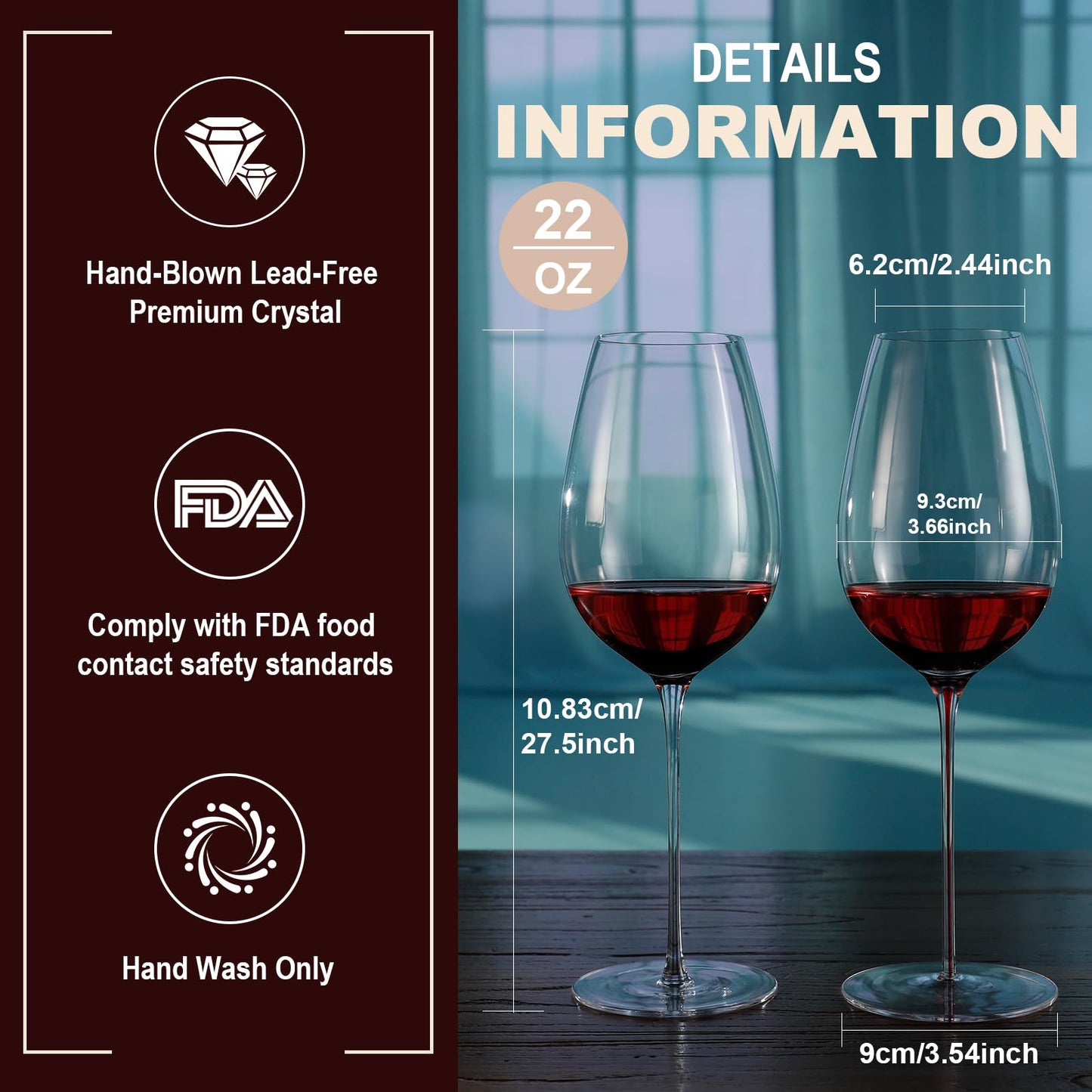 BinkMark Red Wine Glasses Set of 4 | 22oz Hand-Blown Crystal | Red Stem | Ultra-Thin Rim | For Wine Lovers, Date Nights, Anniversary Dinners | Lead-Free Certified | Gift Box