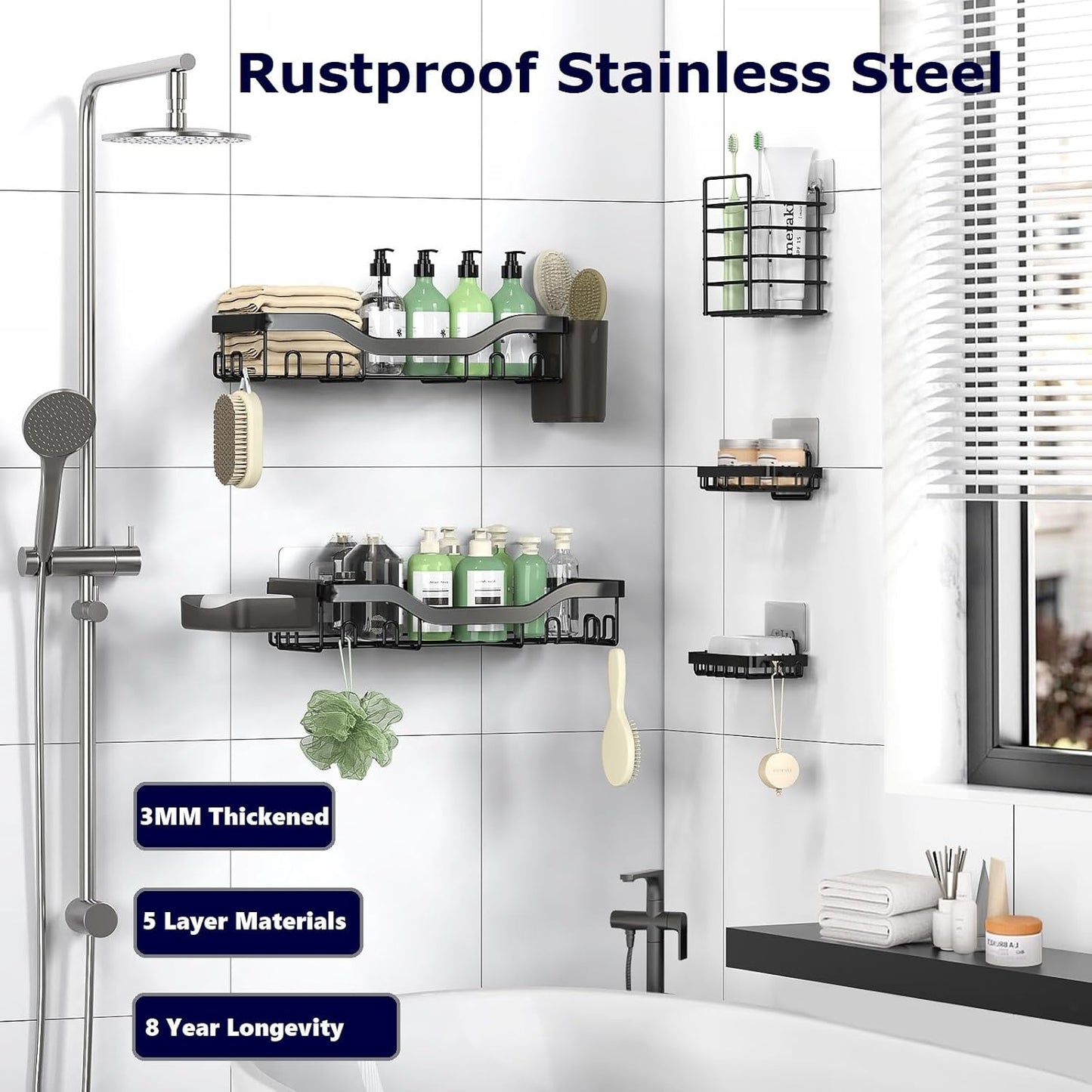 NESOMI Shower Caddy - Adhesive Organizer with Rustproof Stainless Steel | 7-Pack Large Capacity Storage Accessories