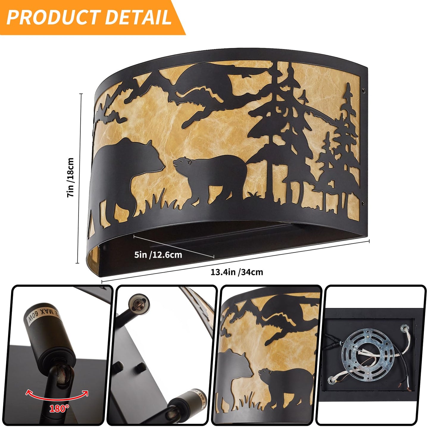 MLGB Farmhouse Bear Wall Sconces, E12 Base Rustic Industrial Wall Lights for Bedroom, Living Room, Hallway, Stairway, and Porch Lighting