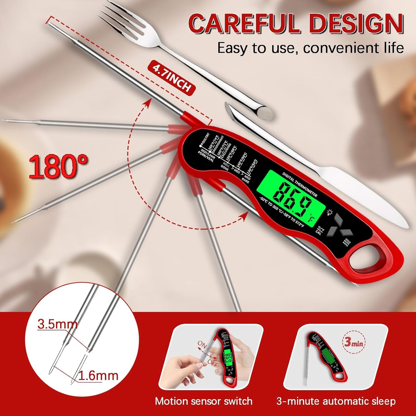 Meat Thermometer - Skiennix Digital IP67 Waterproof Cooking Thermometer with Backlight & Calibration