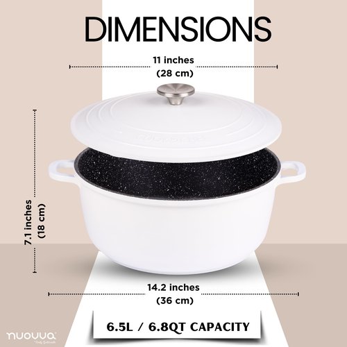 Dutch Oven Pot with Lid – Non Stick Dutch Oven for Bread Baking – Cast Aluminum Cooking Pot – Oven Safe Stock Pot – 6.8-Quart, 11 Inch, Cream – by Nuovva