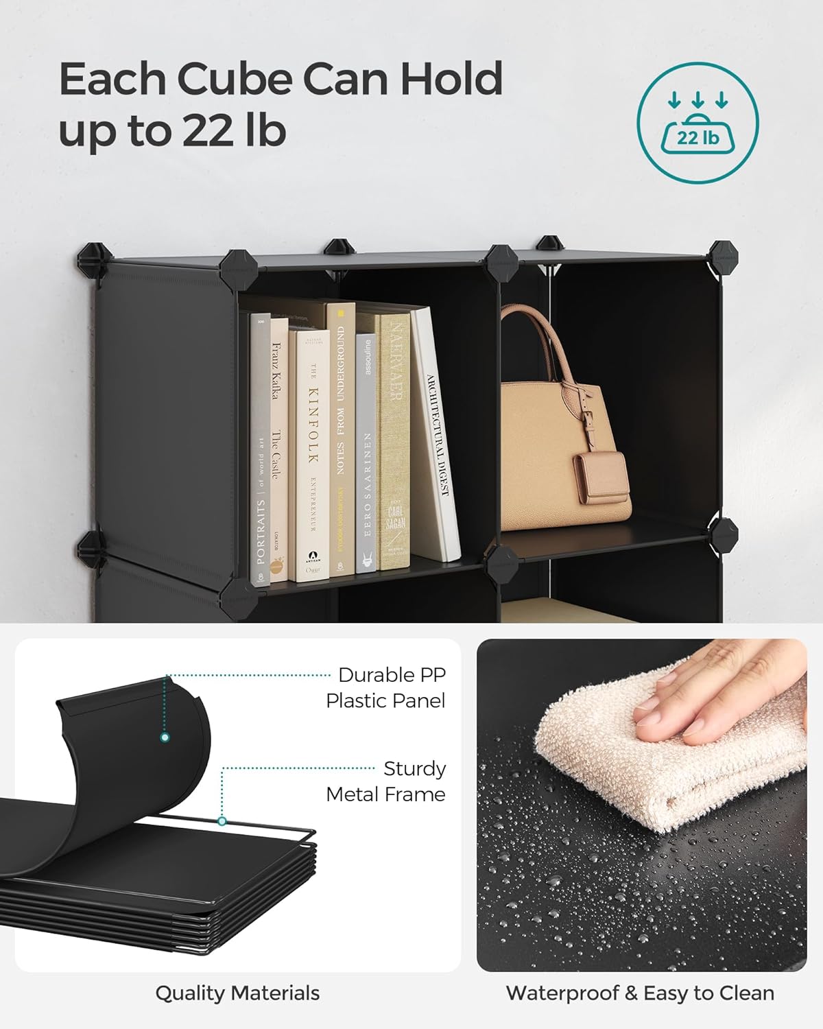 SONGMICS 6 Cube Storage Organizer - Modular Bookshelf with Stackable Shelves | Black, 11.8 x 11.8 x 11.8 Inch