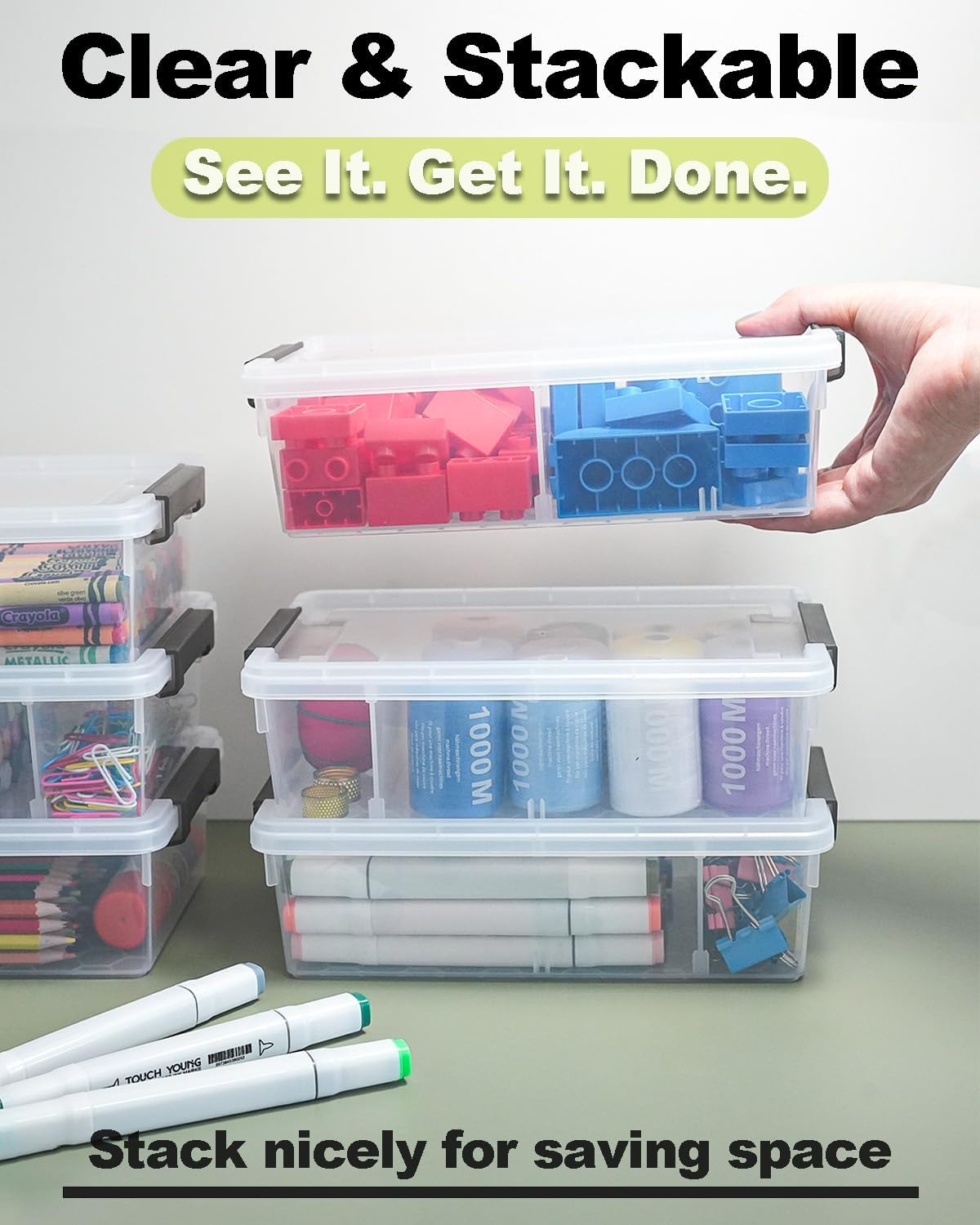 Skiennix Extra Large Pencil Box - Clear Stackable Organizer with Removable Divider | 6 Pack, Grey
