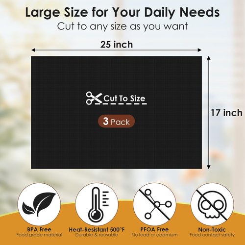 HOTEC Heavy Duty Oven Liners - 3 Pack Non-Stick Mats | 17"x25" Heat Resistant Up to 500°F, BPA & PFOA Free