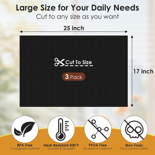 HOTEC 3 Pack Heavy Duty Oven Liners for Bottom of Oven, 17"x25" Large Heat Resistant 500°F Non-Stick Oven Mats, BPA & PFOA Free Dishwasher Safe, Compatible with Electric/Gas/Toaster Ovens & Grill