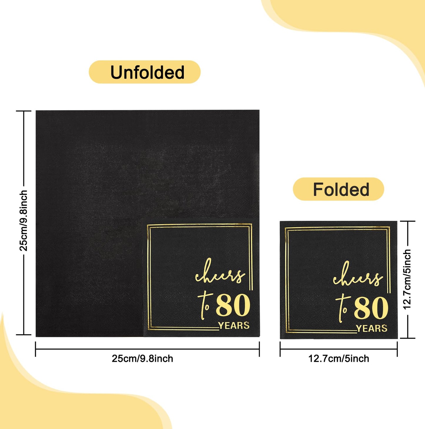 50 Count Black and Gold 80th Birthday Cocktail Napkins 5x5 Inch - Cheers to 80 Years 3-Ply Disposable Party Napkins for Anniversary, Wedding - Elegant Foil Accent Indoor Outdoor Celebrations