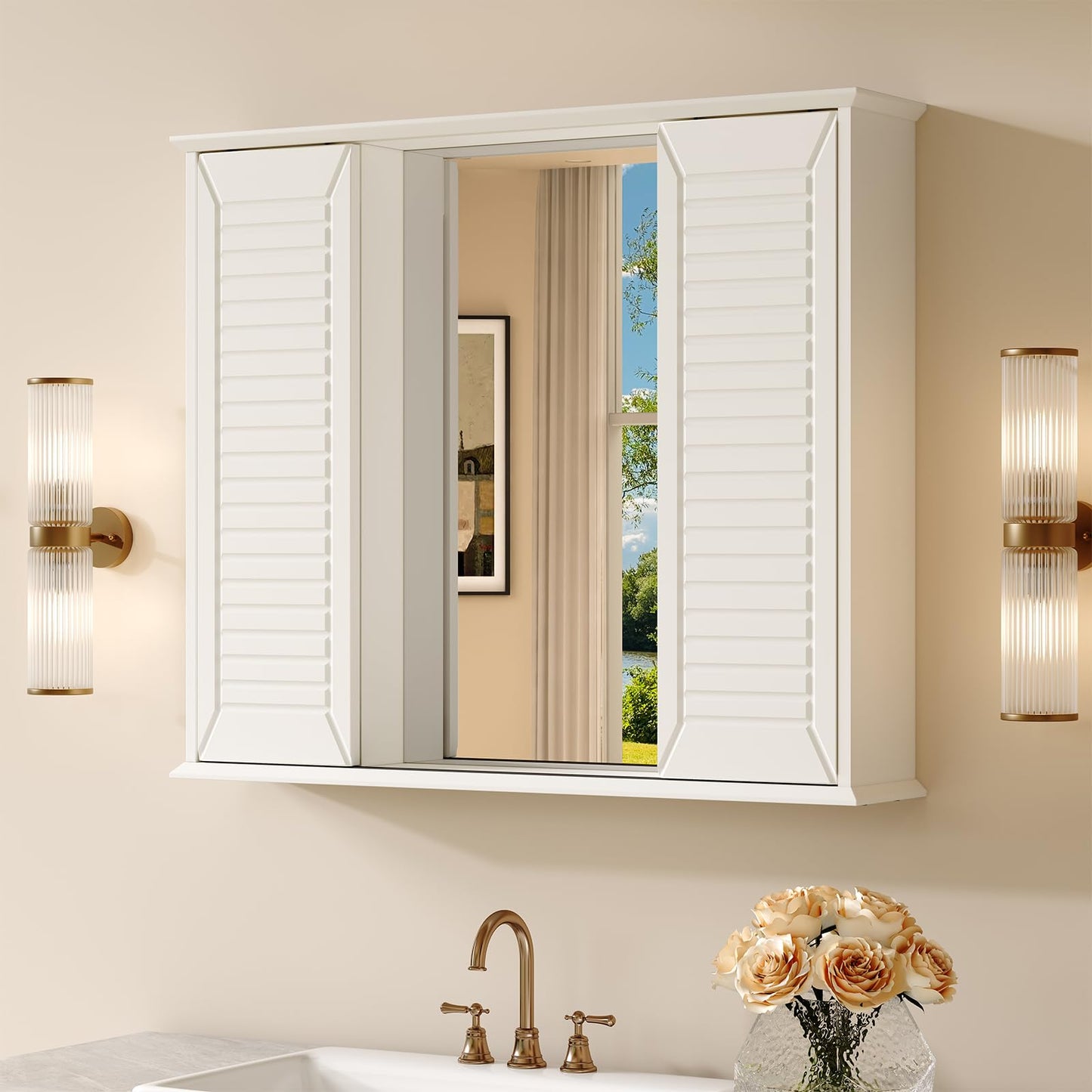 FFBCFDK Bathroom Medicine Cabinet Mirror 28.3 x 23.8 inch Bathroom Mirror with Storage Wall Mounted Medicine Mirror Cabinet Wood Organizer with 2 Door Surface Mount Farmhouse Storage Cabinet