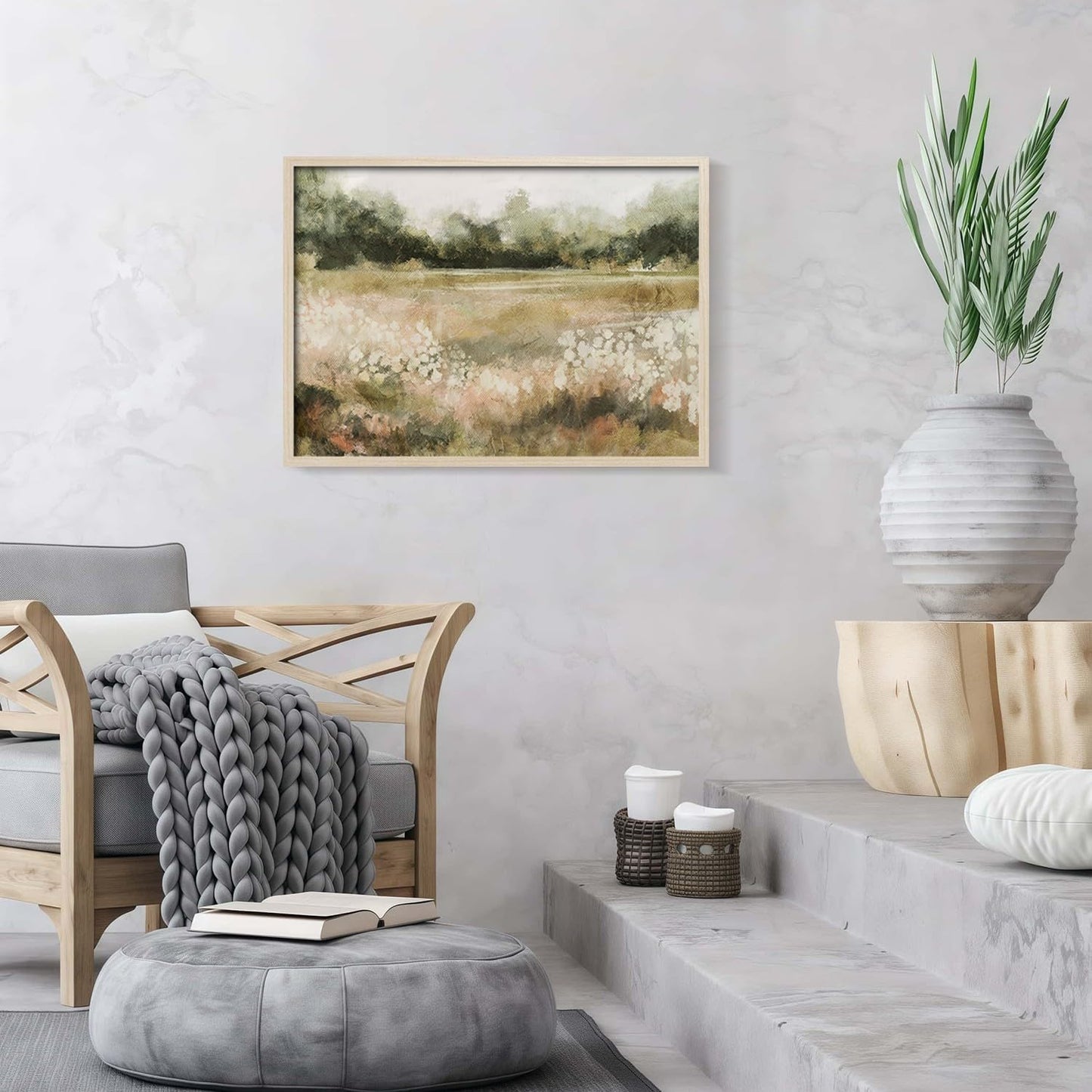 Skiennix Framed Canvas Wall Art - Rustic Field Landscape Print | Vintage Country Nature Picture 12x16 Inch