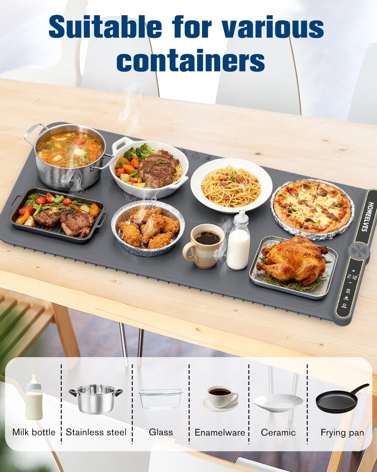 HomeElves Food Warming Mat Extra Large, Rapid Heating Electric Warming Tray with 9 Temp Setting and 6 Hours Timer,Foldable Warming Trays for Food, Portable Food Warmers for Parties Buffet, Gray