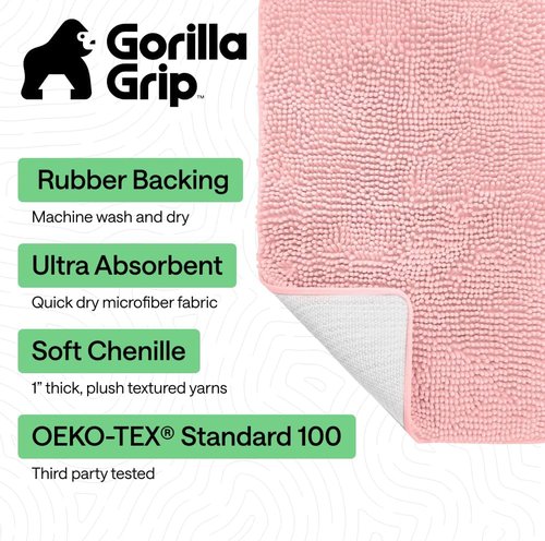 GORILLA GRIP Bath Rug Mat - Thick Soft Absorbent Chenille | Quick Dry Microfiber, 24x17 Light Pink