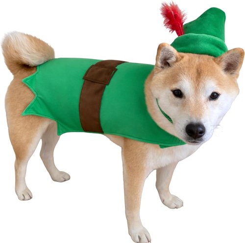 ComfyCamper Dog Costume - Green Forest Bandit Cape & Headpiece for Halloween | Size S