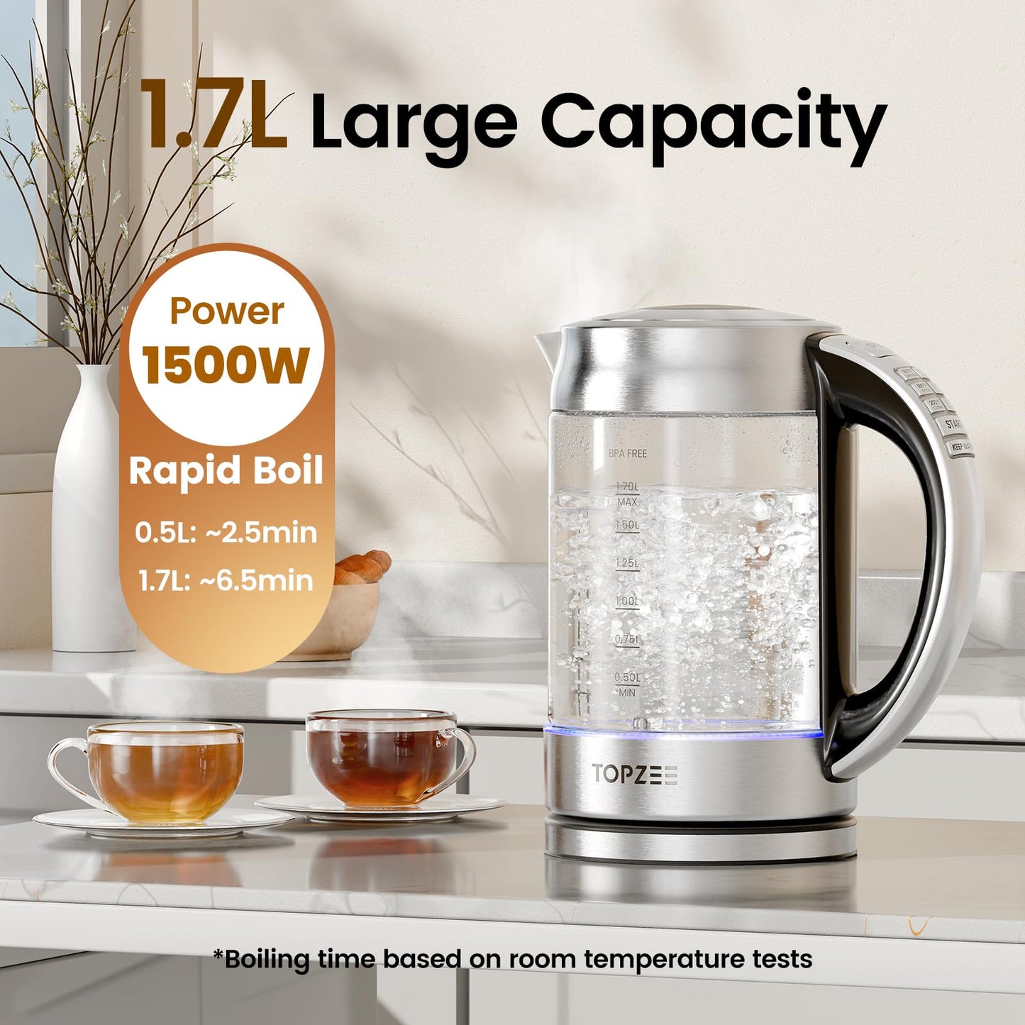 TOPZEE 1.7L Glass Electric Kettle for Coffee & Tea, Hot Water Boiler with 6 Preset Temperatures, Keep Warm and Memory Function, Auto Shut-off & Dry Boil Protection, BPA Free, Rapid Boil, 1500W, Silver