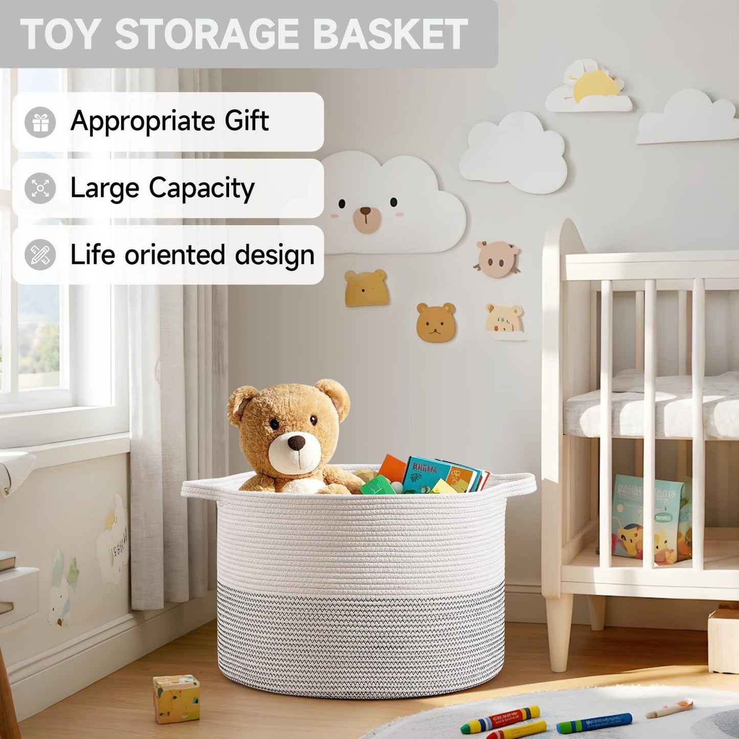 CLHMILY&Z Large Storage Basket - 20x13 Inches - Blanket Basket for Living Room, Woven Storage Basket, Large Laundry Basket for Clothes, for Tree Plant, Mix White