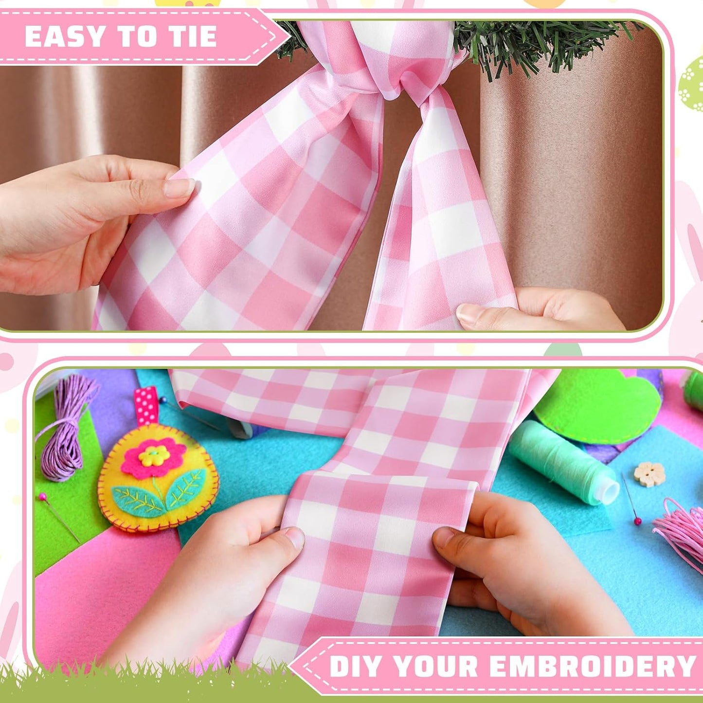 VitalCozy Wreath Sash Set - Chinoiserie Easter & Spring Decor | 4.5" W x 56" L (Pink Grid)