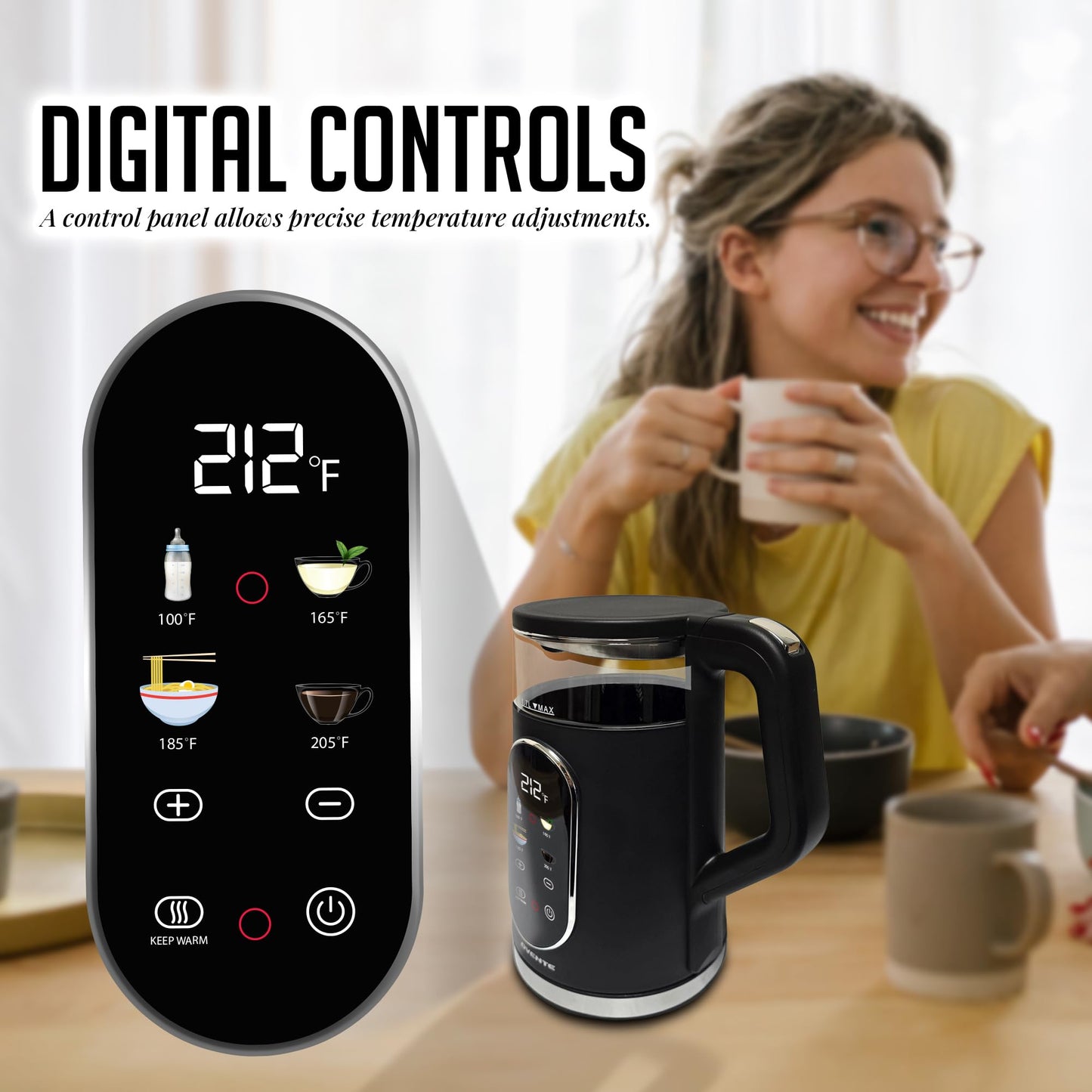 OVENTE Electric Kettle, 1.7L Fast Boiling Water Heater with Digital Touchscreen, Double-Wall Cool Touch Exterior, 5Hr Keep Warm, Auto-Shut Off, Boil-Dry Protection and Borosilicate Glass, Black KD96B