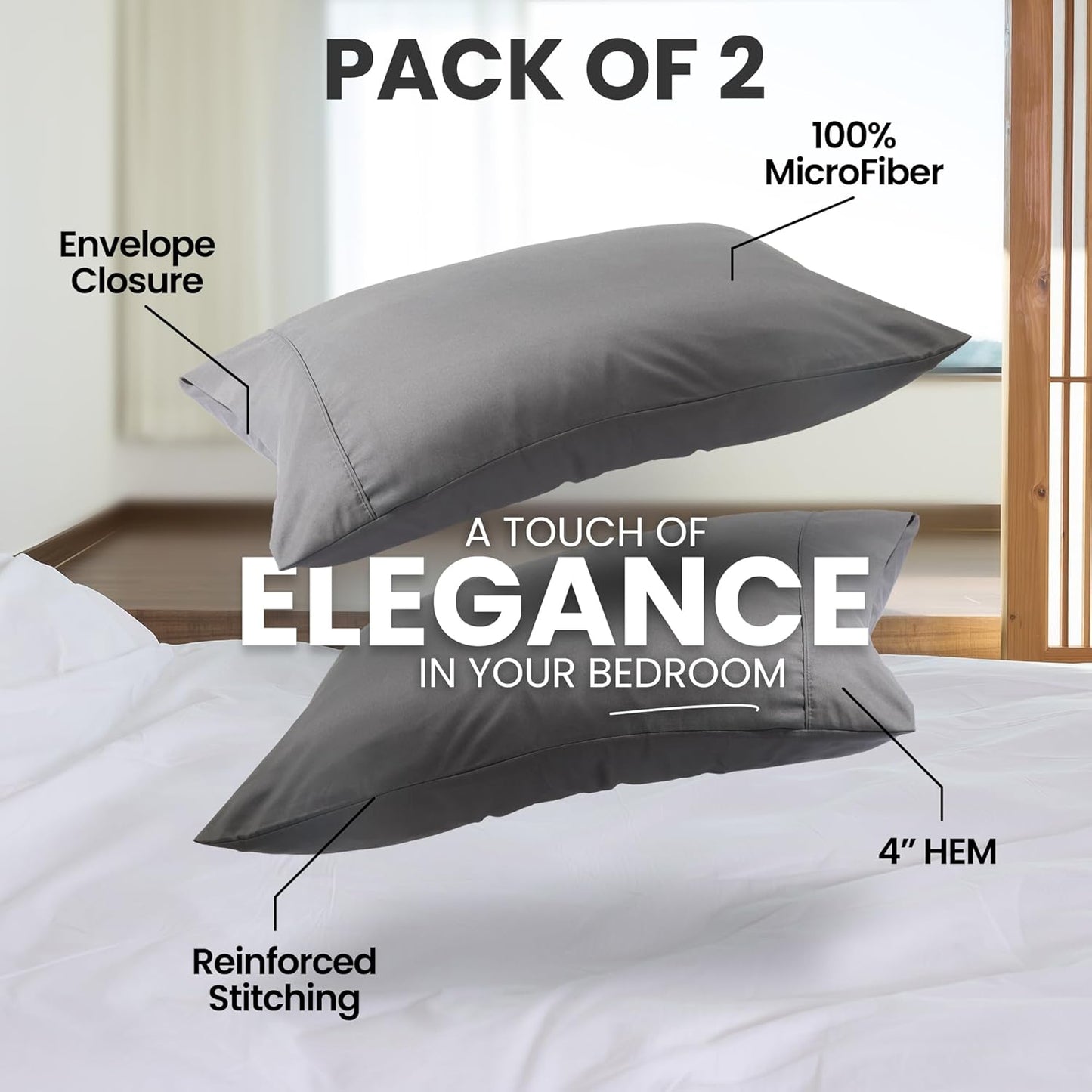 Utopia Bedding Pillow Cases - Soft Brushed Microfiber | Queen Size 2-Pack, Oeko-TEX Certified, 20x26 Inches (Grey)