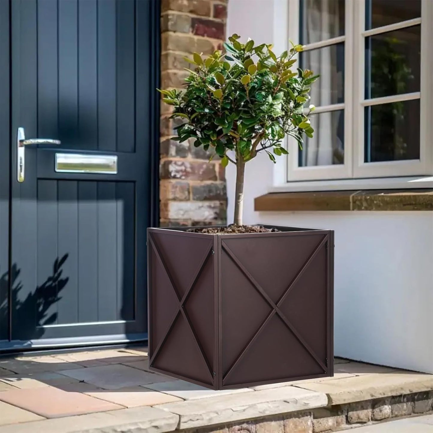 SUNNYPARK Large Metal Planter Box - 17”x 17”x 18” | Durable Brown Square Planter with Drainage Holes for Outdoor Use
