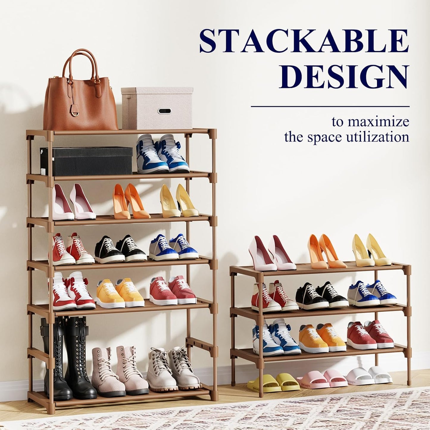 Kitsure Shoe Rack - Stackable Non-Woven Shoe Organizer for Closet & Entryway | 3-Tier, 27.5" Wide, Brown