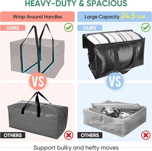 BALEINE 6-Pack Oversized Moving Bags - Heavy-Duty Storage Totes with Reinforced Handles | Black