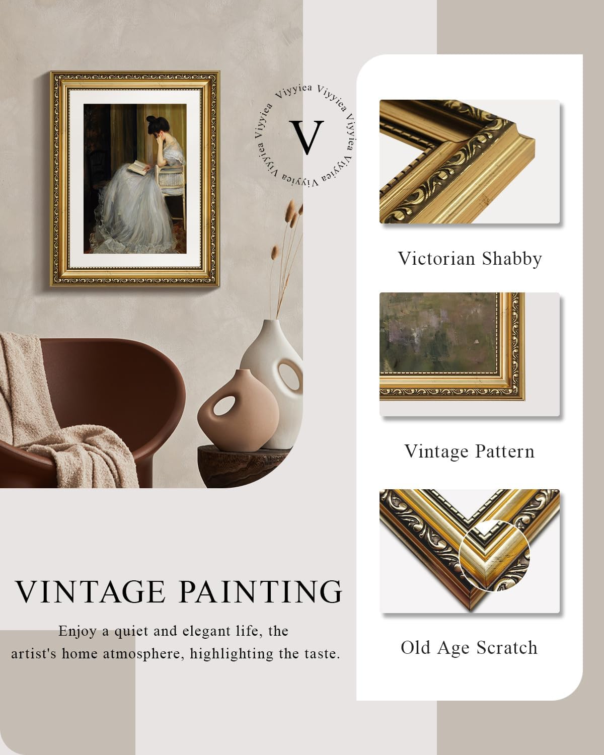 VIYYIEA Gold Framed Wall Art - Elegant Canvas Print for Home Decor | 11x14in, White